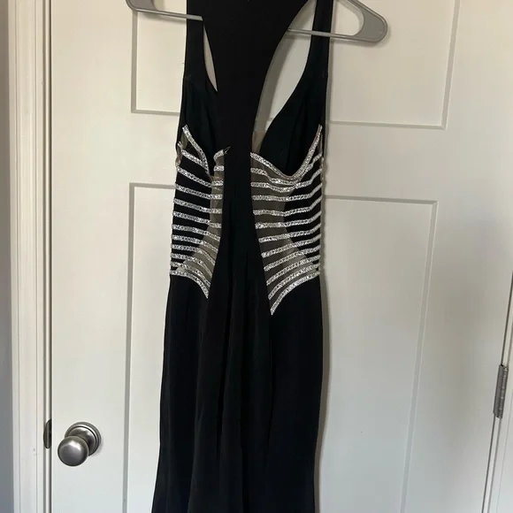 La Femme Black Sleeveless Halter Gown